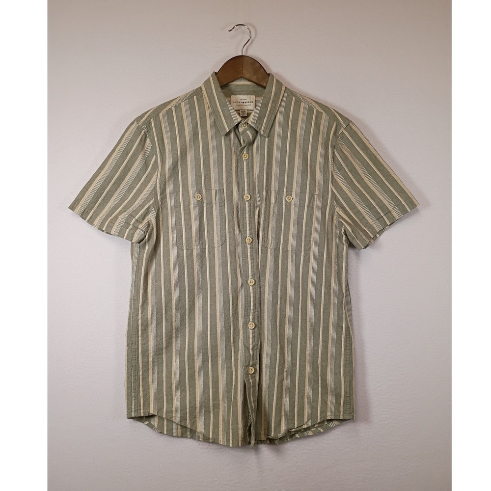 Coastal Lucky Brand Men Medium Green Striped Cotton Short Sleeve Button Up Shirt